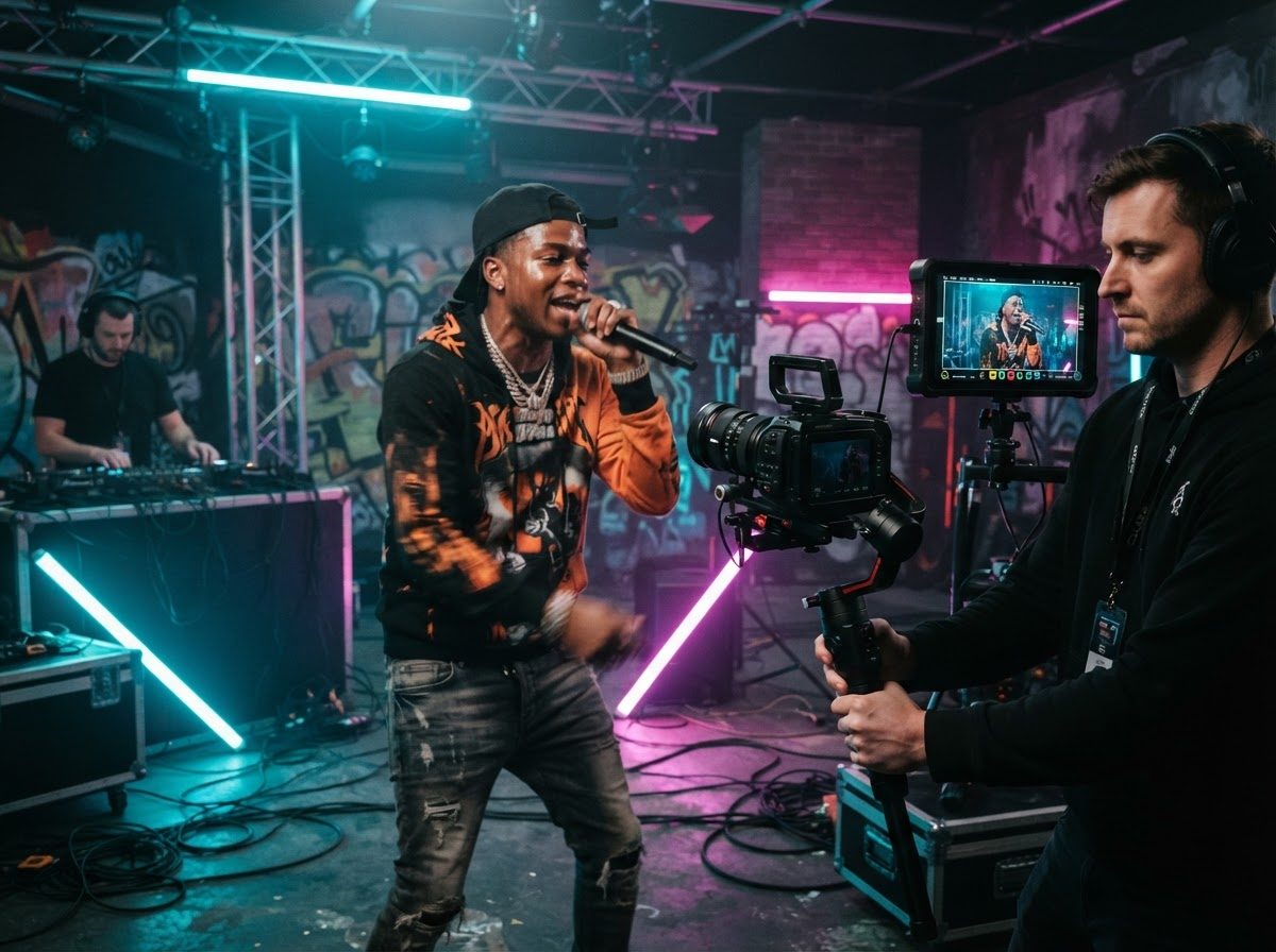 Un rappeur tourne un clip face à une caméra de cinéma, sous des néons